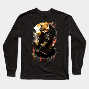 Samurai Cat Watercolor Painting Long Sleeve T-Shirt